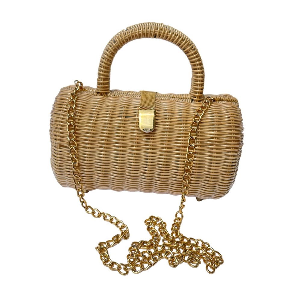 Woven Straw Barrel Handbag with Gold Chain